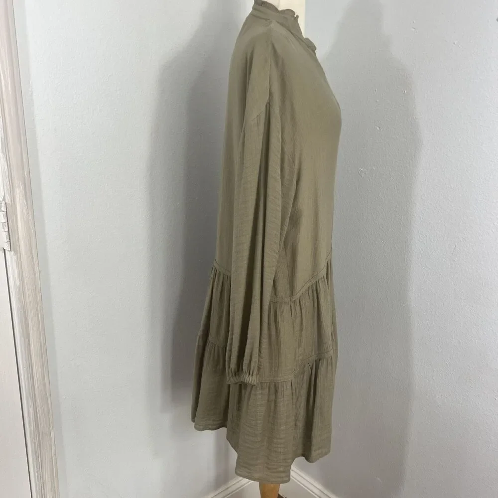 Zara Mini Dress Womens Small Olive Ruffle‎ V Neck Tiered Vacation